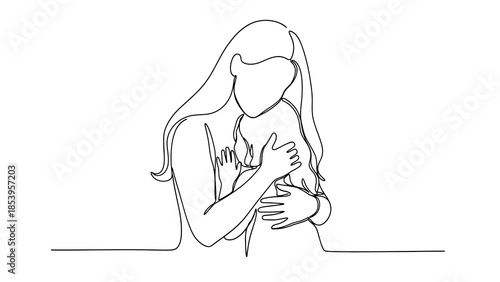 A continuous line drawing depicting a mother embracing her child with love and affection, illustrating a strong family bond.
