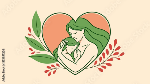 A heartwarming illustration of a mother embracing her child within a heart, surrounded by green leaves and red berries, symbolizing love and nurturing.