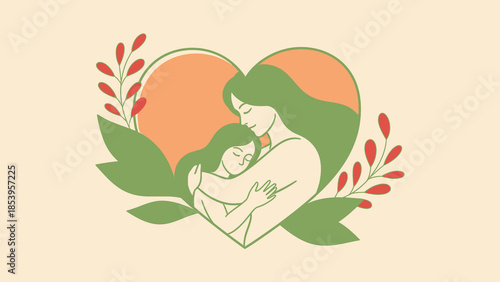 A heartwarming illustration of a mother tenderly embracing her child, symbolizing love and family bond within a heart shape.