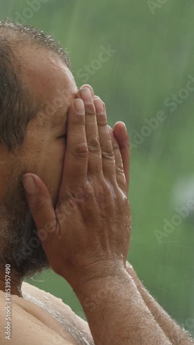 Vertical: A desperate man stands under a violent storm, overwhelmed by rain and emotions after losing his love. Powerful scene expressing heartbreak, despair, loneliness, and emotional collapse.
