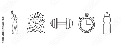 A set of simple line art icons representing exercise and fitness, including a person stretching, winter running, a dumbbell, a stopwatch, and a water bottle.