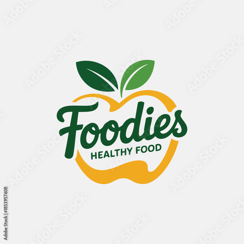 A crisp vector of a modern healthy food logo, featuring a stylized apple shape with vibrant green leaves and text, representing fresh nutrition and organic produce concepts