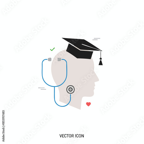 Vector icon of a head with stethoscope, grad hat, checkmark, and heart