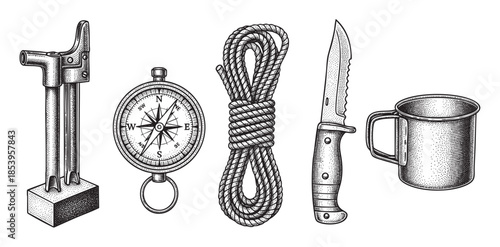 A collection of vintage-style adventure equipment, including a compass, rope, knife, and mug, presented in a monochromatic, etched illustration style on a white background.