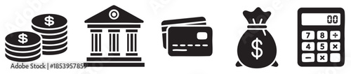 A set of clean, modern black and white icons representing various financial concepts, including money, banking, and transactions, perfect for web design and presentations.