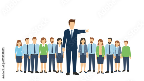 Illustration of a large businessman pointing to the side with a group of diverse office workers standing behind him in business attire on a white background.