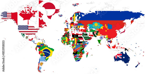 Colored political map of World. Each country filled with its flag. Flags of small states added. Vector illustration.