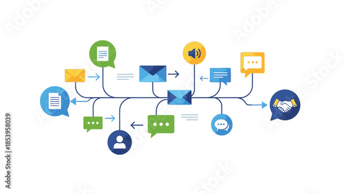 Flat lay of a colorful communication flowchart with various digital media icons on a white background.