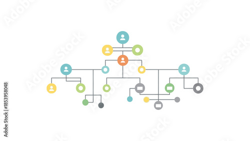 A complex flowchart diagram with colorful nodes and connecting lines on a white background, illustrating a process or system in a detailed and organized visual representation.