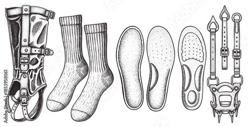 A detailed line art illustration displays a collection of vintage footwear accessories including a leather boot with straps, socks, insoles, and ice climbing crampons on a white background.