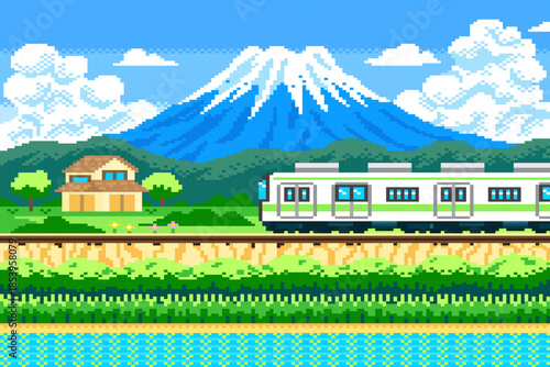 Train is traveling along tracks with rice paddies in the foreground, Fuji on background and cloudy sky in rural of ​​Japan. Pixel art game scene.