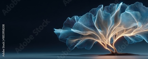 Abstract digital illustration of a blue glowing tree-like plant with radiant tendrils