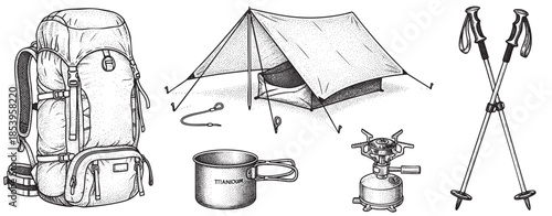 A hand-drawn illustration depicts essential camping gear including a backpack, tent, mug, stove, and trekking poles in a clean, monochrome style perfect for adventure graphics.