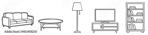 A clean and modern line art illustration depicts a sofa, coffee table, floor lamp, TV stand, and bookshelf, ideal for interior design concepts.