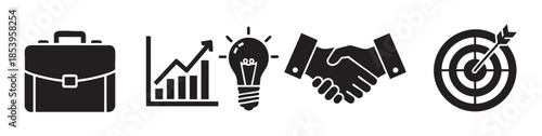 A collection of five black icons representing business concepts: a briefcase, a bar graph with an upward arrow, a lit lightbulb, a handshake, and a dartboard with an arrow.