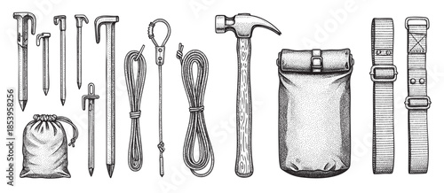 A stippled illustration set of essential camping gear including tent stakes, rope, hammer, and bag, isolated on a white background, perfect for outdoor adventure themes.