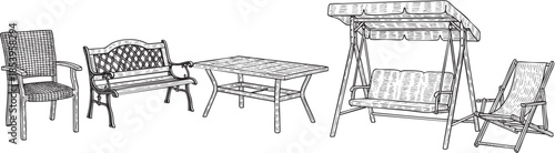 A detailed line art sketch showcases a collection of classic outdoor furniture, including chairs, a bench, a table, a swing, and a deck chair, perfect for garden or patio design.
