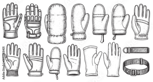 A collection of hand-drawn illustrations featuring various winter gloves and mittens, displayed in a flat lay composition against a white background, ideal for design and editorial use.