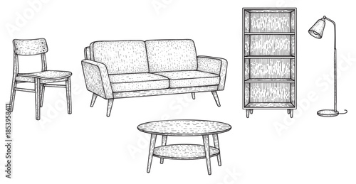 A black and white line drawing illustration of a mid-century modern style living room set including a sofa, chair, coffee table, bookshelf, and floor lamp on a white background.