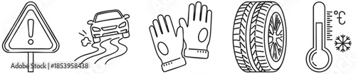 A collection of black and white line art icons depicting winter driving safety, including a slippery road sign, a skidding car, gloves, a tire, and a thermometer.