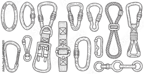 Collection of various climbing carabiners and hardware in a detailed black and white engraving style, perfect for illustrating outdoor adventure, safety gear, and equipment.