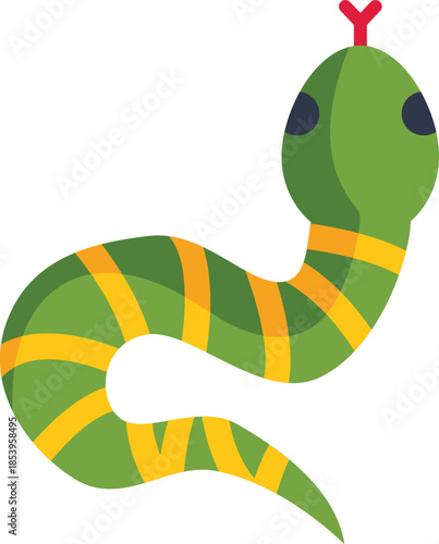 Cartoon illustration of a green and yellow striped snake slithering with its forked tongue out