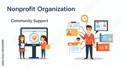 Illustration of people collaborating on community support projects for a nonprofit organization with digital elements and graphics.