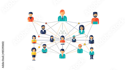 Flat lay illustration of diverse people icons connected by lines on a white background with a professional and networking mood.