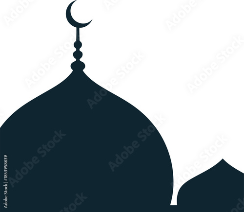 A simple vector of an elegant Islamic mosque dome silhouette featuring a prominent crescent moon, representing faith, devotion, and cultural heritage
