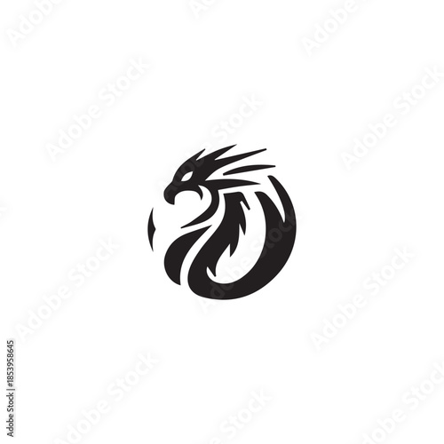 Stylized black dragon head logo design in minimalist round shape
