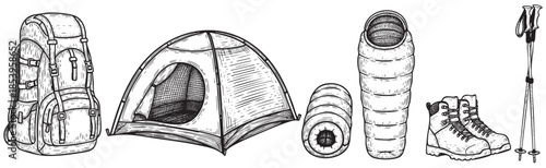 This detailed black and white illustration depicts camping gear including a backpack, tent, sleeping bag, boots, and poles, perfect for adventure and outdoor themes.