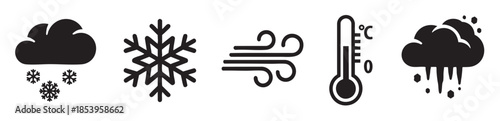 A collection of black vector icons representing various winter weather phenomena including snowfall, snowflakes, wind, a thermometer, and ice falling from clouds, on a white background.