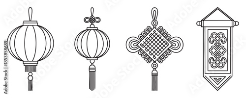 A collection of four black and white line art illustrations of traditional Chinese New Year decorations, including lanterns and intricate knots, perfect for festive design projects.