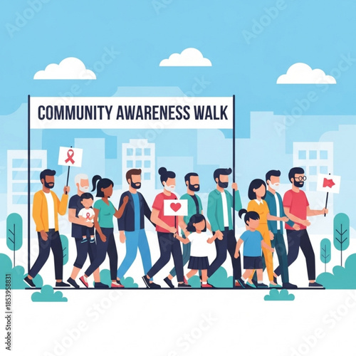Diverse group of people participating in a community awareness walk promoting unity and support flat vector illustration for social causes
