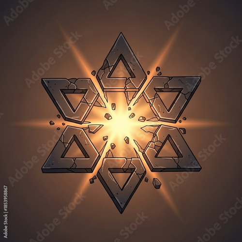 Cracked stone star symbol radiating bright light ancient mystical emblem for fantasy game or occult concept dramatic glowing effect
