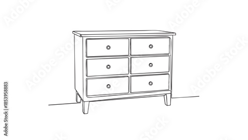 A clean, minimalist line art illustration of a six-drawer chest on a white background, perfect for design elements and icons.