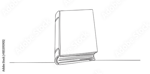 An artistic single line drawing of a hardcover book standing upright, with its pages fanned out slightly, on a simple horizontal line against a white background.
