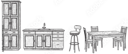 This black and white illustration features a collection of kitchen furniture, including a tall cabinet, a sink base cabinet, a bar stool, and a dining table with chairs.