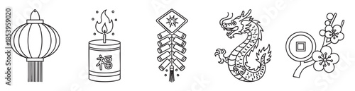 A collection of iconic black and white line art illustrations representing Chinese New Year symbols, including a lantern, firecracker, dragon, and plum blossom with a coin.