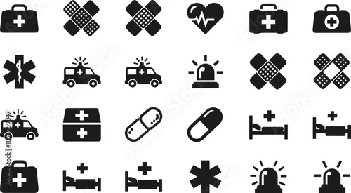 Set of black medical and first aid icons featuring ambulance vehicles cross symbols adhesive bandages medical kits heart rate pulses and hospital bed icons isolated on white background 