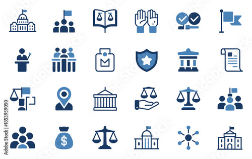 Government and Public Services Icon Set. Professional solid vector symbols representing parliament buildings, election voting, and municipal governance.