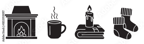 A collection of simple, black silhouette icons representing cozy winter elements: a fireplace with flames, a steaming mug, a lit candle on a book, and warm socks.