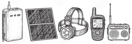 A set of essential outdoor electronic gadgets including a power bank, solar charger, headlamp, GPS device, and radio, presented in a stylized black and white line drawing.