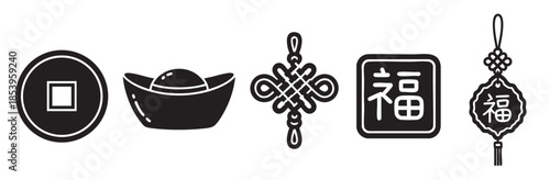 A black and white vector illustration featuring traditional Chinese New Year symbols, including a coin, an ingot, and lucky knots, suitable for festive designs.