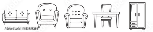 A clean black and white line art illustration featuring a modern sofa, two armchairs, a desk with a chair, and a wardrobe, suitable for interior design or concept projects.