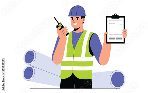 Construction worker inspecting building plans on site with blueprint and radio communication device