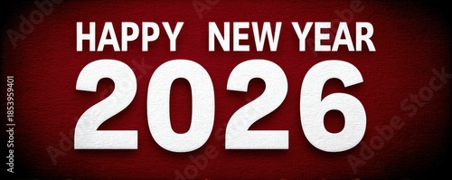 Happy New Year 2026 in bold white numbers on a burgundy background for festive celebrations