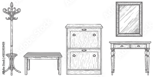 A collection of vintage furniture items including a coat rack, bench, shoe cabinet, and desk with drawers, rendered in a classic black and white line drawing style for interior design concepts.