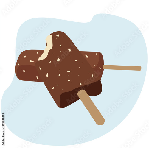 chocolate ice cream sticks. illustration of progressive melting and consumption of a chocolate-covered ice cream bar with nuts on a wooden stick. 
