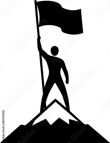 Man silhouette holding a flag on top of a mountain. Success and achievement concept. Vector illustration for business, challenge, leadership